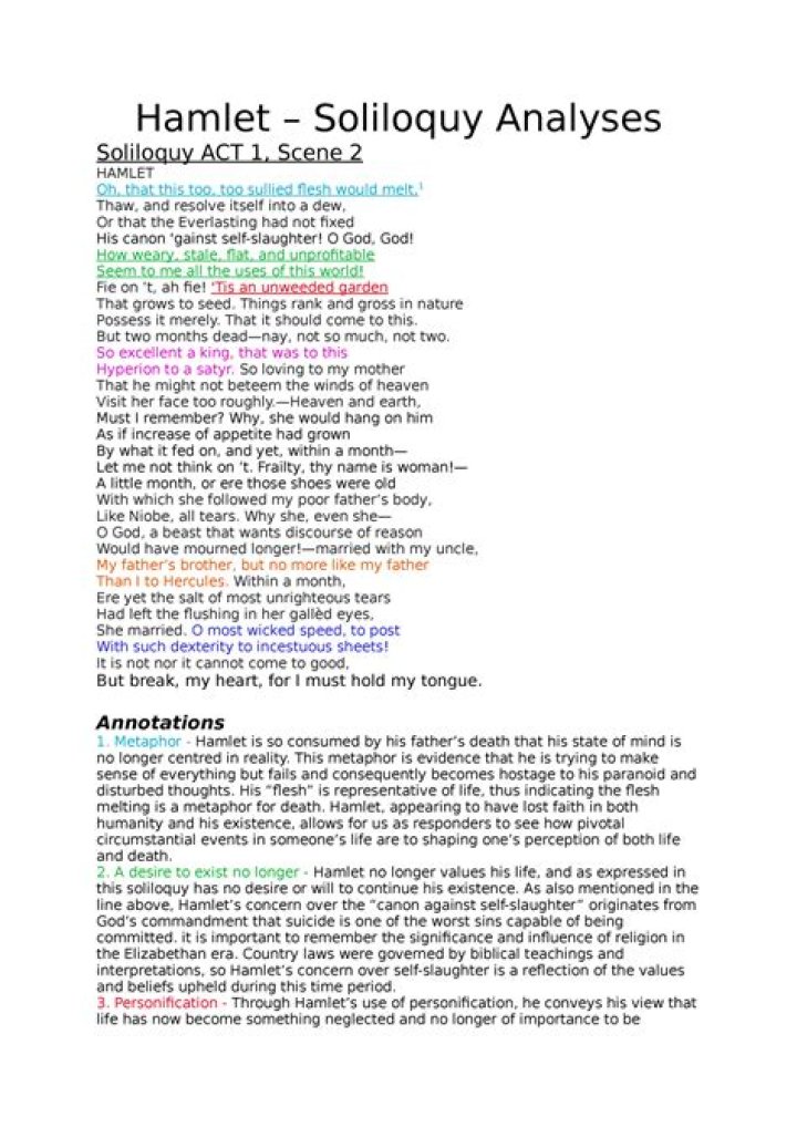 What are the major themes in Hamlet soliloquies