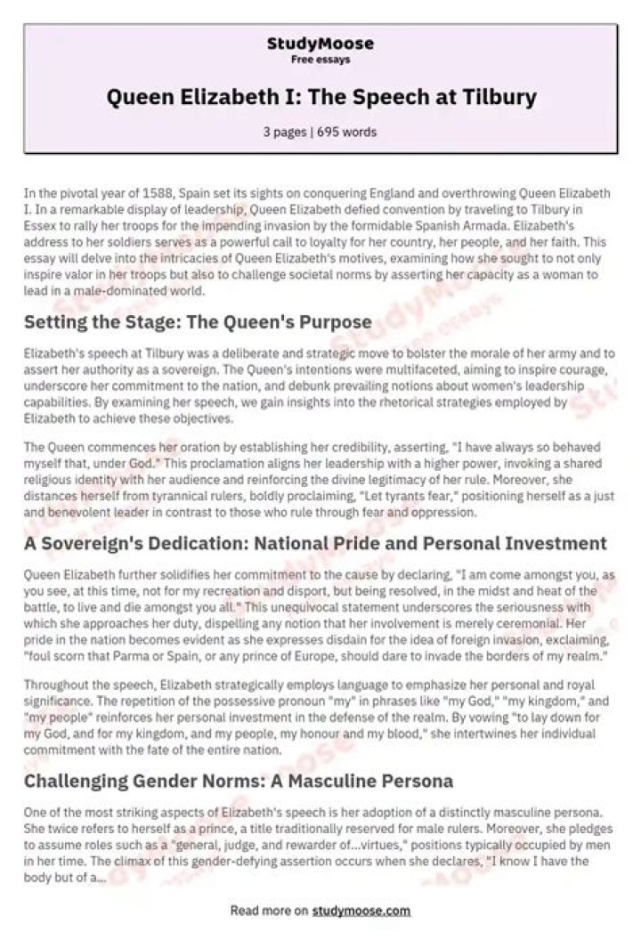 What is the overall purpose of Queen Elizabeth address to the troops at Tilbury